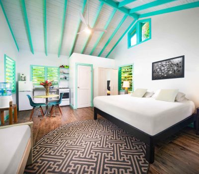 Spacious Garden Villa interior at Puerta Azul Roatan with a king bed, turquoise vaulted ceilings, kitchenette, and bright tropical decor.