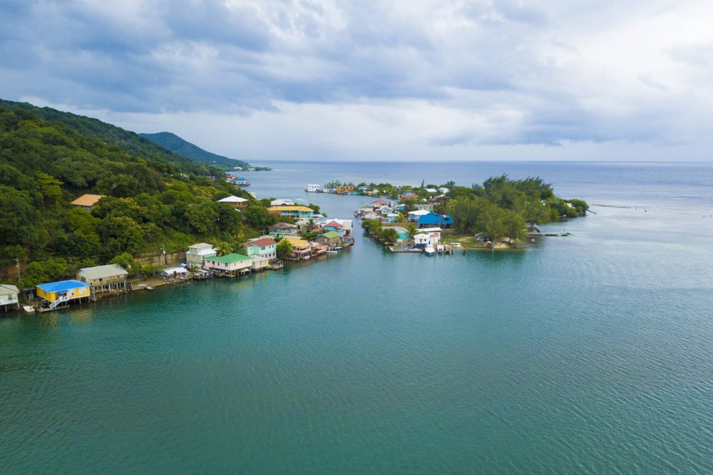 Aerial view of Oak, Ridge, the Venice of the Caribbean, in Roatan, Honduras.